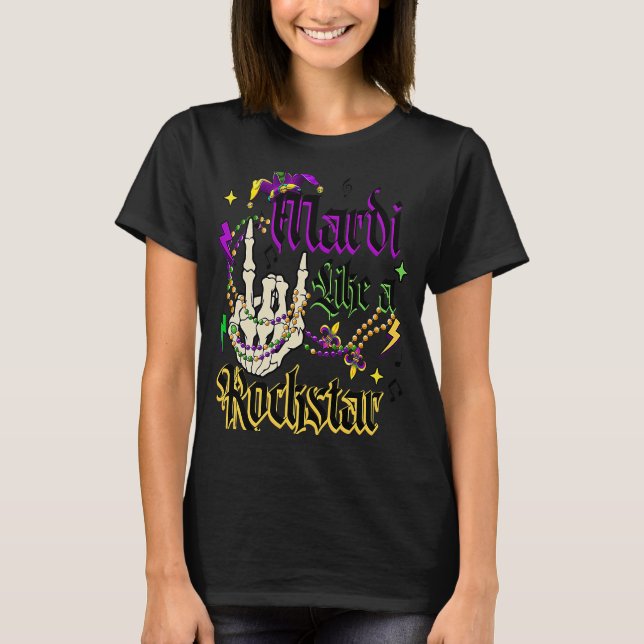 Rocker Skeleton Hand Mardi Gras Mardi Like A Rocks T-Shirt (Front)