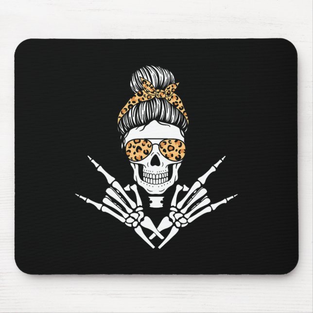 Rocker Skeleton Hand Rock On Leopard Messy Bun Hal Mouse Pad (Front)