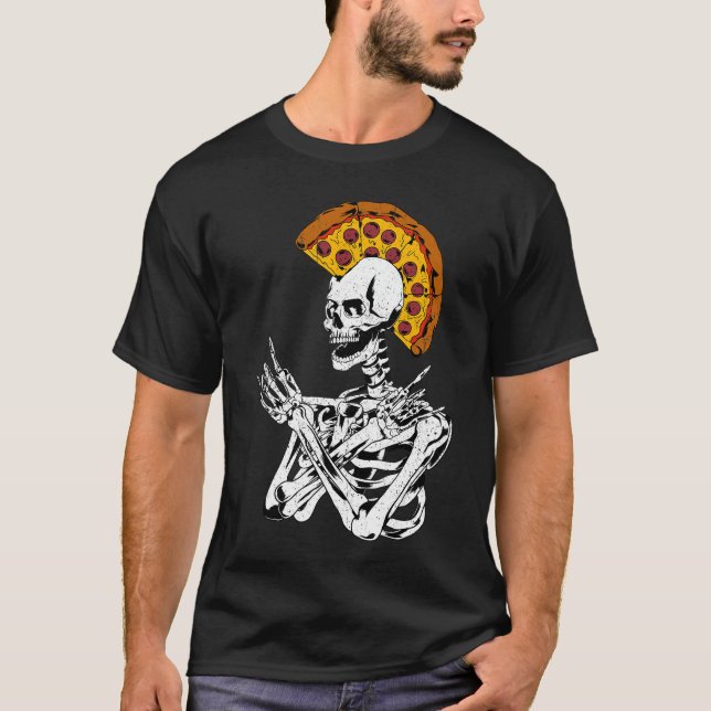 Rocker Skeleton Pizza Mohawk Punk Rock Hardrock Ha T-Shirt (Front)