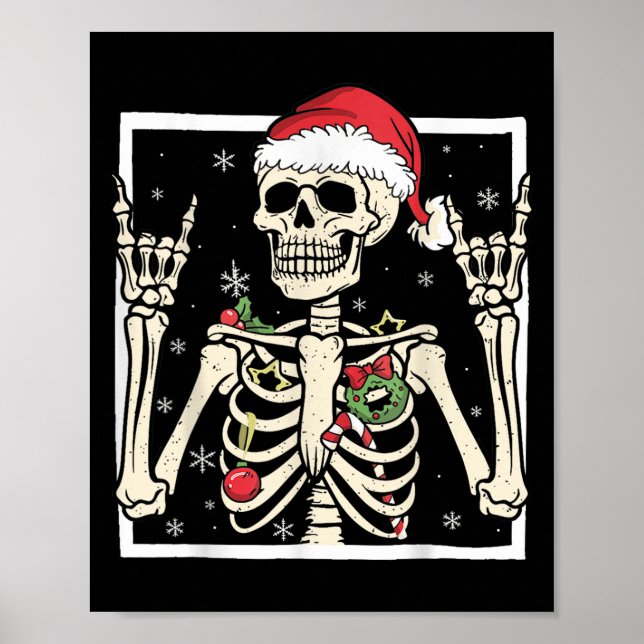 Rocker Skeleton Santa Hat Cool Christmas Punk Rock Poster (Front)