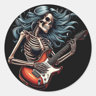 Rocker Skeleton woman playing guitar Dark art Classic Round Sticker