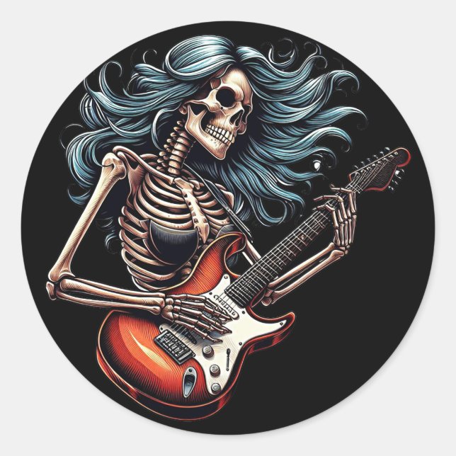 Rocker Skeleton woman playing guitar Dark art Classic Round Sticker (Front)