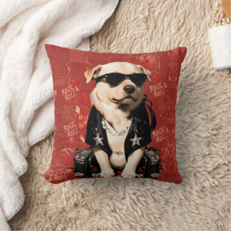 Rockero Dog Coat with Red Sun Glasses Throw Pillow