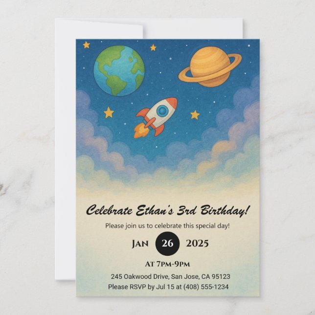 Rocket and Planets in Colourful Space Birthday  Invitation (Front)