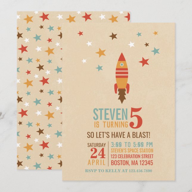 Rocket and Stars Space theme Birthday Party Invitation (Front/Back)