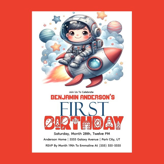 Rocket Astronaut Boy's 1st Birthday Invitation (Space astronaut boy riding rocket 1st birthday party invitation with planets and stars
)