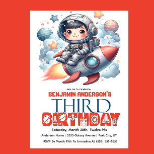 Rocket Astronaut Boy's 3rd Birthday Invitation