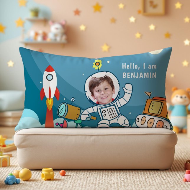 Rocket Astronaut Space Suit Custom Photo Kids Room Lumbar Pillow (Creator Uploaded)