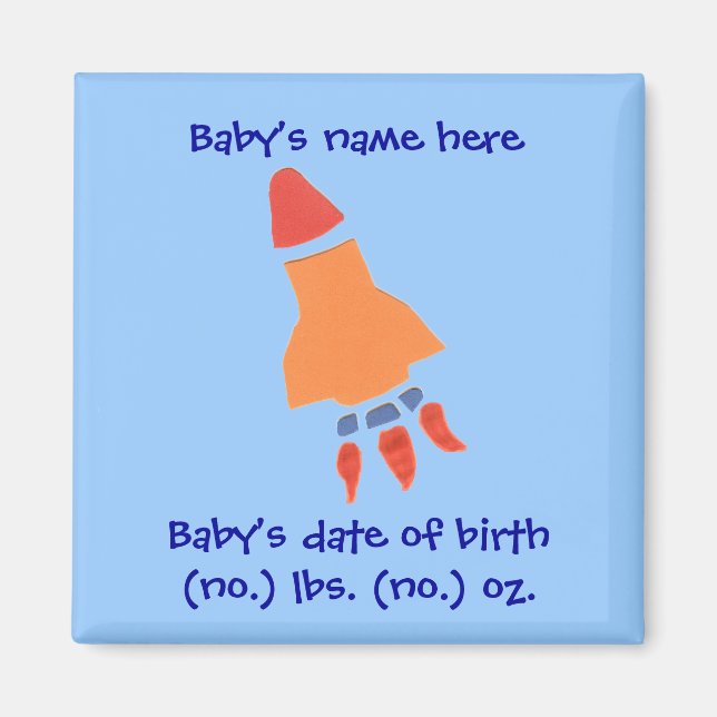 Rocket birth announcement keepsake magnet (Front)