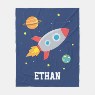 Rocket Blast Off Among Planet and Stars, Kids Fleece Blanket