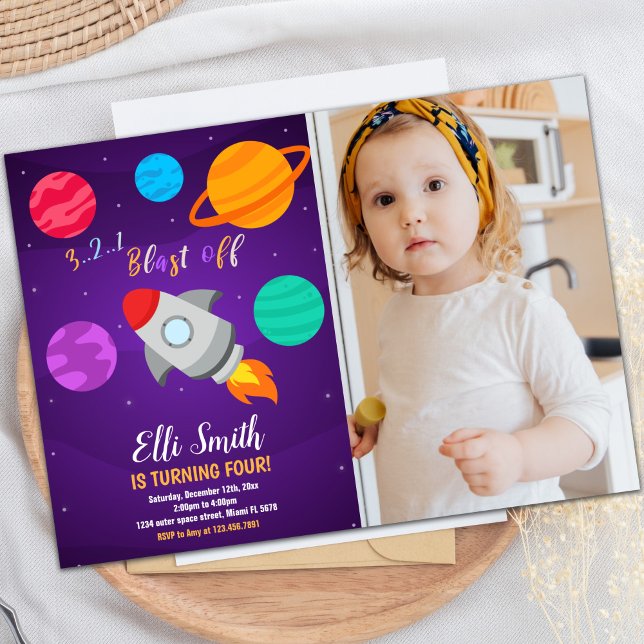 Rocket Blast Off Birthday Invitation with Photo (Gray Rocket Blast Off Birthday Invitations w photo)