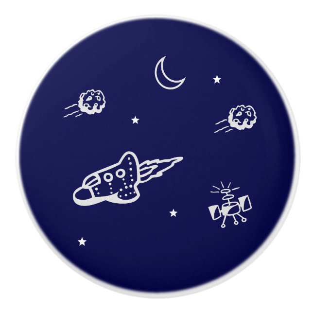 Rocket in Outer Space on Dark Blue Ceramic Knob (Front)