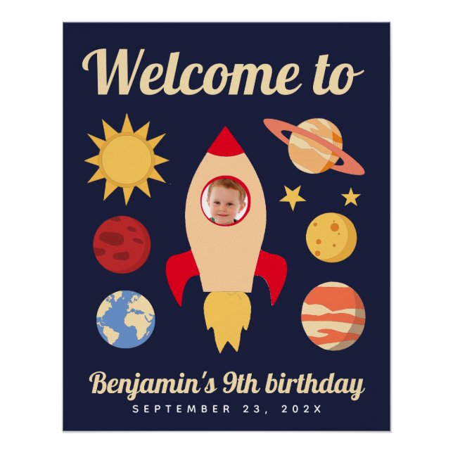 Rocket in Space Birthday Boy Photo Welcome Planets Poster (Front)
