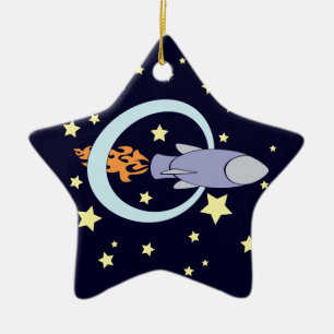 Rocket Kids Retro Space Ship (Night) Ceramic Ornament