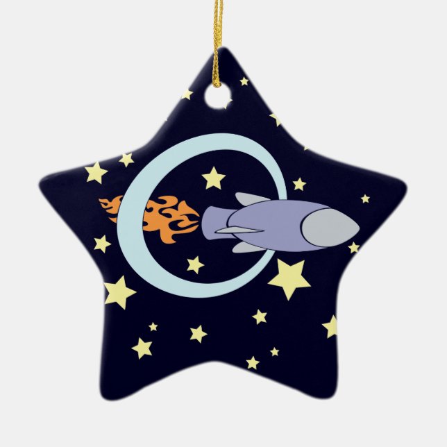 Rocket Kids Retro Space Ship (Night) Ceramic Ornament (Front)