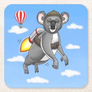 Rocket Koala Bear Square Paper Coaster
