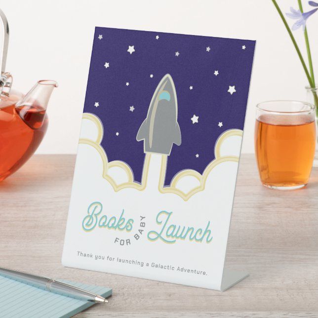Rocket Launch Books for Baby Grey & Blue Pedestal Sign (In SItu)