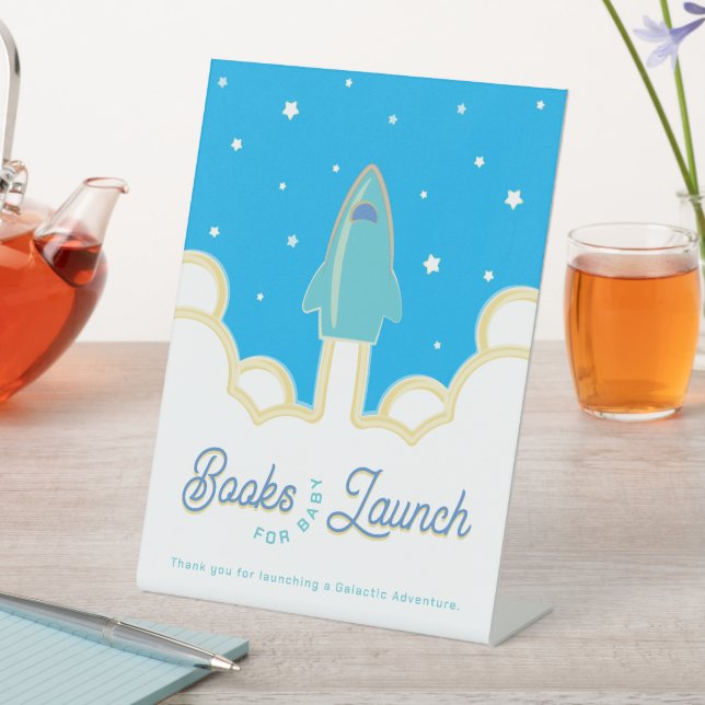 Rocket Launch Books for Baby Teal & Sky Blue Pedestal Sign (In SItu)
