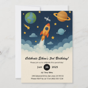 Rocket Launch & Planet Adventure Space Birthday  Invitation