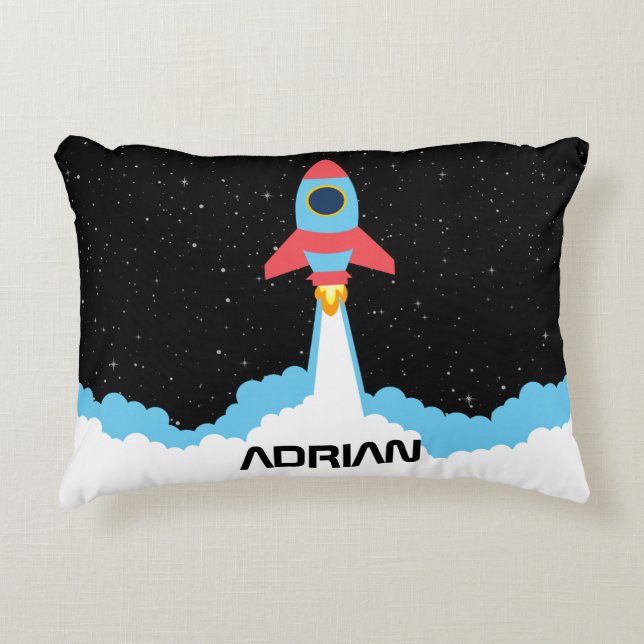 Rocket Launching in Outer Space Custom Name Accent Pillow (Front)