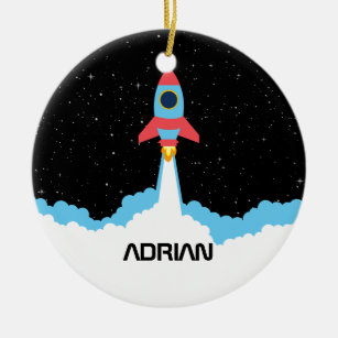 Rocket Launching in Outer Space Custom Name  Ceramic Ornament