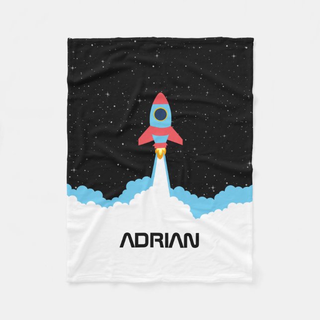 Rocket Launching in Outer Space Custom Name Fleece Blanket (Front)