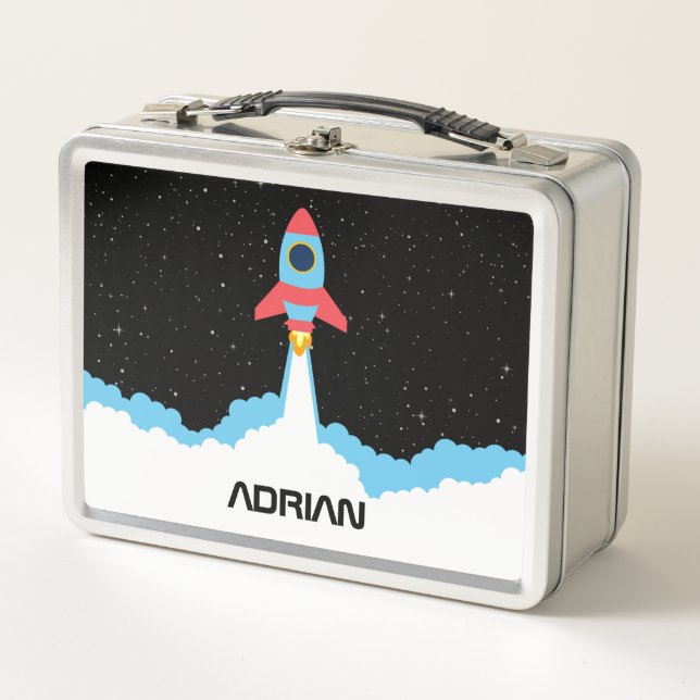 Rocket Launching in Outer Space Custom Name Metal Lunch Box (Front)