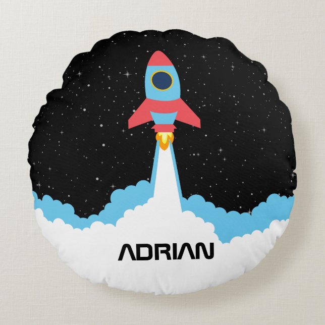 Rocket Launching in Outer Space Custom Name Round Pillow (Front)