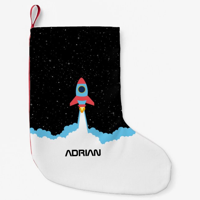 Rocket Launching in Outer Space Custom Name Small Christmas Stocking (Front)