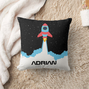 Rocket Launching in Outer Space Custom Name Throw Pillow
