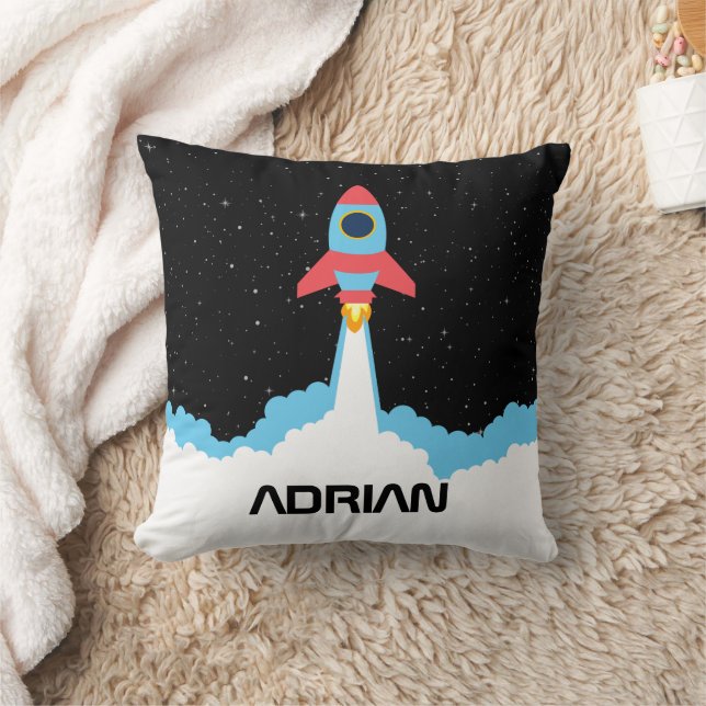 Rocket Launching in Outer Space Custom Name Throw Pillow (Blanket)