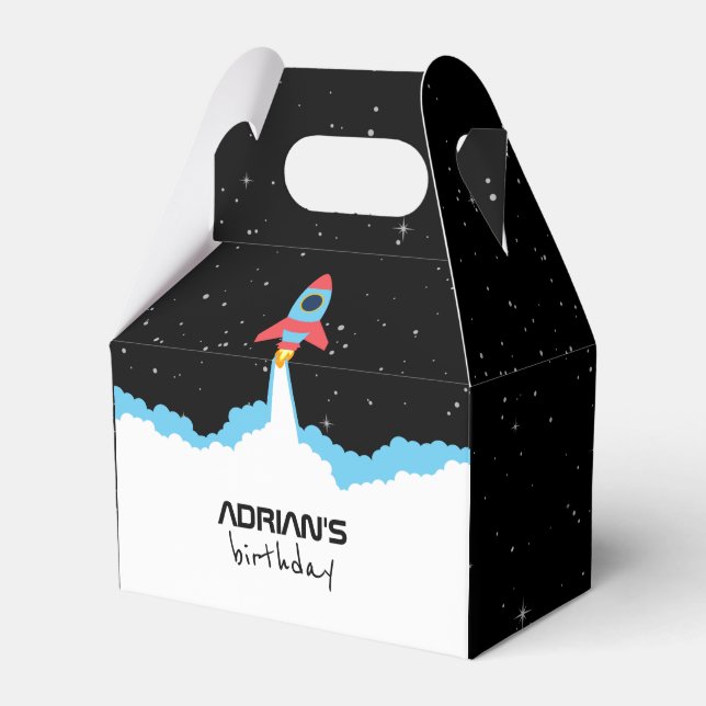 Rocket Launching in Outer Space Kids Birthday Favor Box (Front Side)