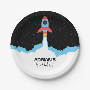 Rocket Launching in Outer Space Kids Birthday Paper Plate