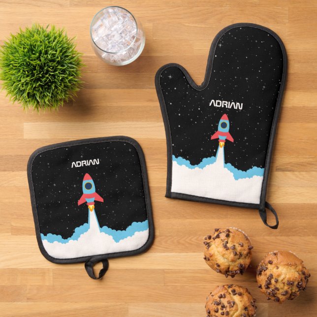 Rocket Launching in Outer Space Kids Oven Mitt & Pot Holder Set (Top Down)