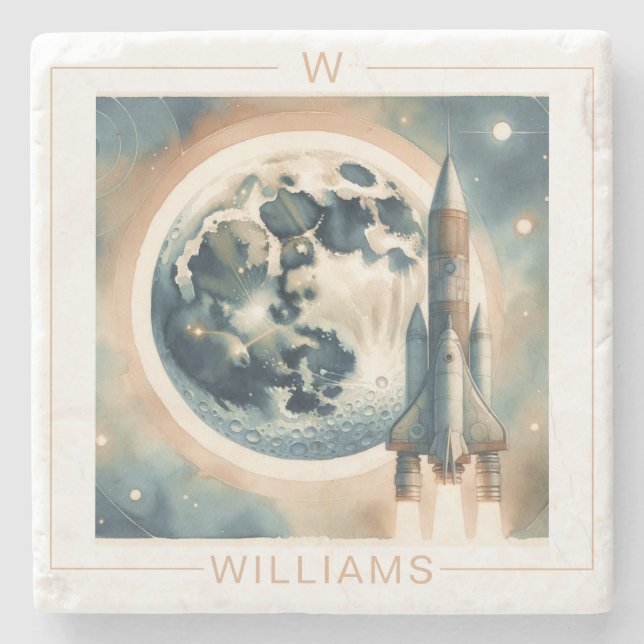 Rocket Moon Space  Monogram Stone Coaster (Front)