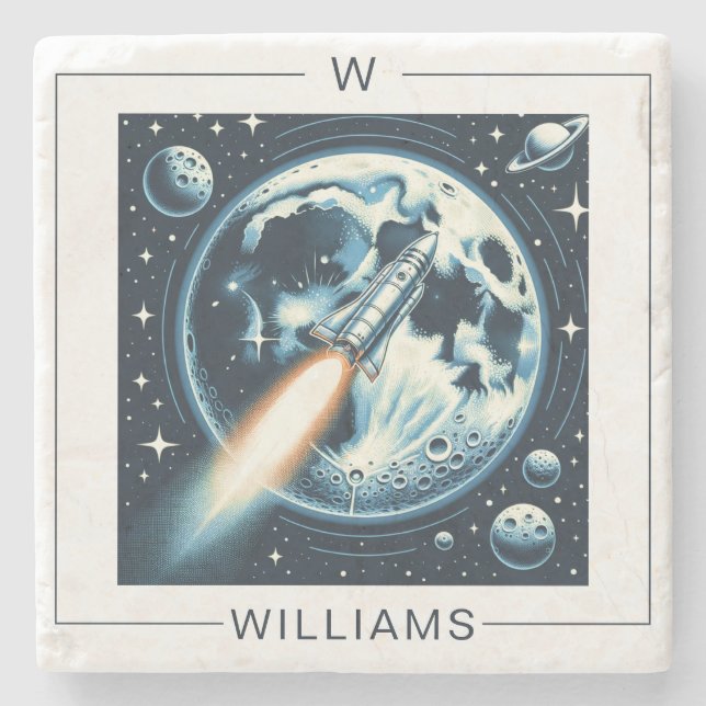 Rocket Moon Space  Monogram Stone Coaster (Front)
