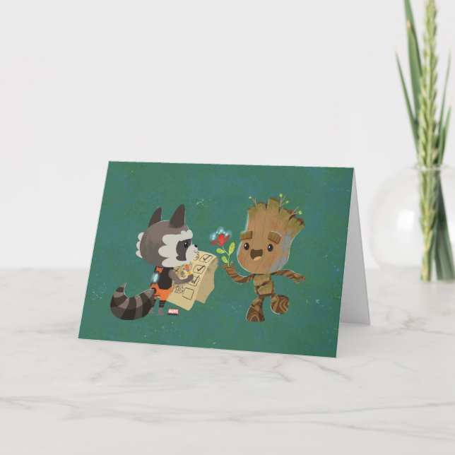 Rocket Observing Groot Grow Flowers Card (Front)