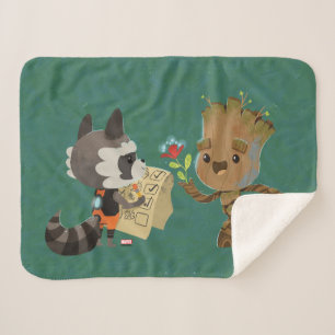 Rocket Observing Groot Grow Flowers Sherpa Blanket