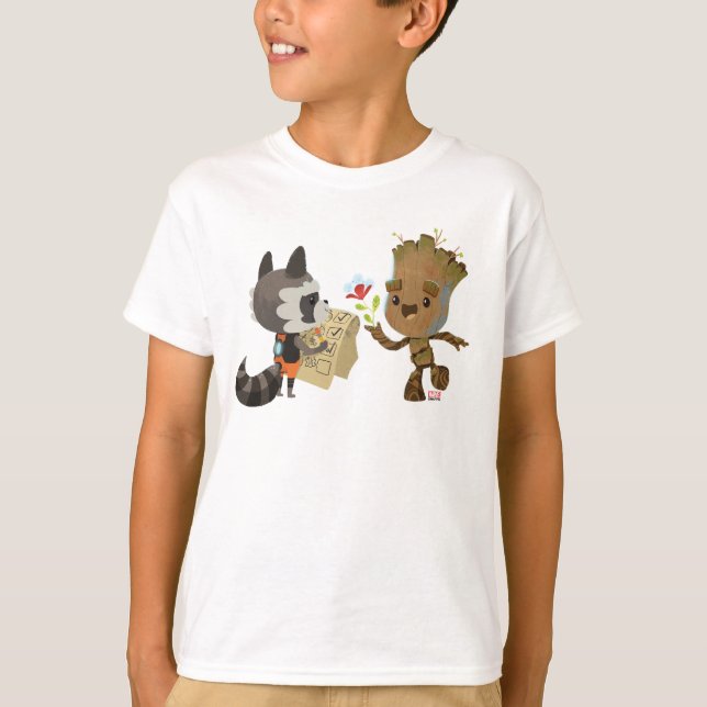 Rocket Observing Groot Grow Flowers T-Shirt (Front)