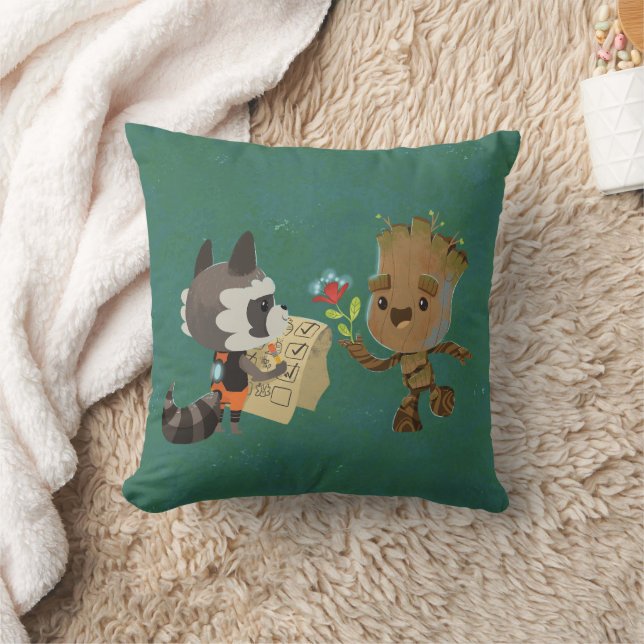Rocket Observing Groot Grow Flowers Throw Pillow (Blanket)
