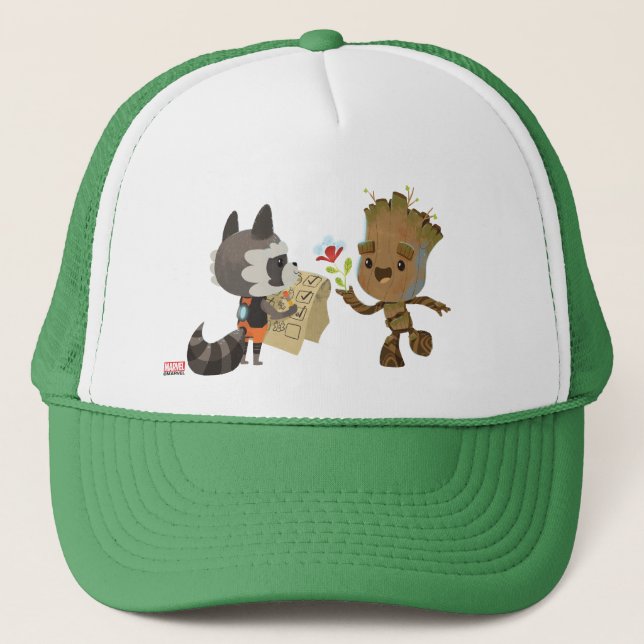 Rocket Observing Groot Grow Flowers Trucker Hat (Front)