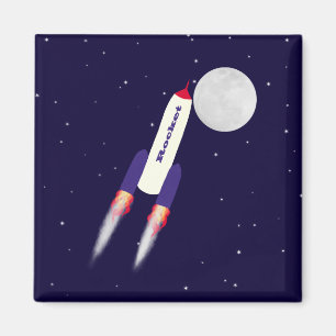Rocket of Red White and Blue in Space Cartoon Art Magnet
