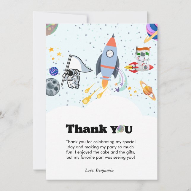 Rocket planet galaxy & outer space thank you card (Front)