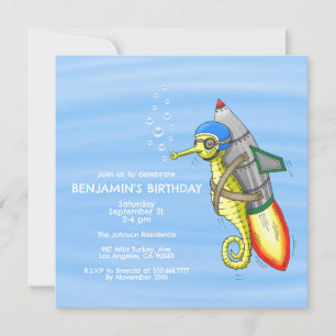 Rocket Seahorse Birthday Invitation