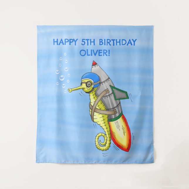 Rocket Seahorse Jetpack Ride Tapestry (Front)