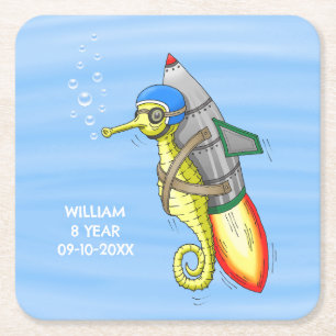 Rocket Seahorse Square Paper Coaster