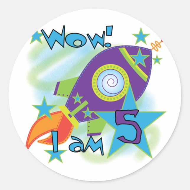 Rocket Ship 5th Birthday T-shirts and Gifts Classic Round Sticker (Front)