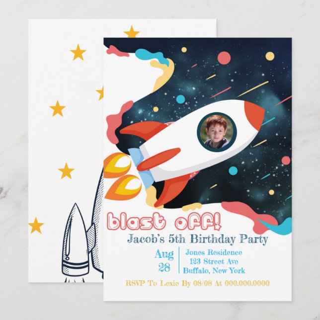 Rocket Ship Add Photo Birthday Party (Front/Back)
