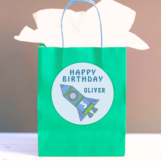 Rocket Ship Blue Kids Boy Happy Birthday Classic Round Sticker (Creator Uploaded)