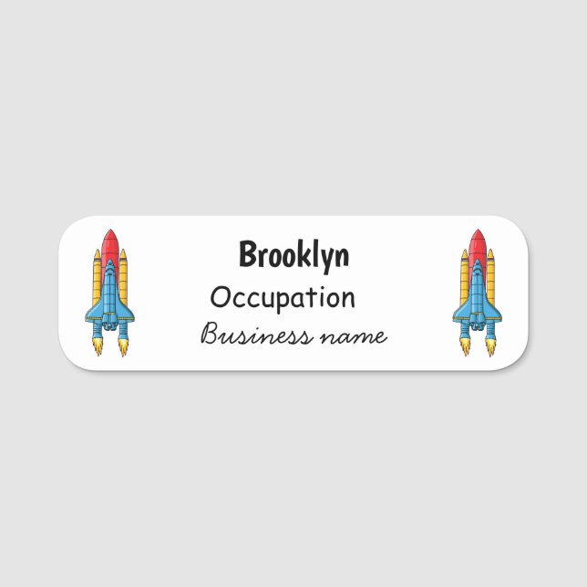 Rocket ship cartoon illustration name tag (Front)